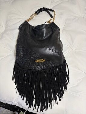Jimmy Choo Black Lambskin Leather Fringe Hobo with Gold Chain Detail